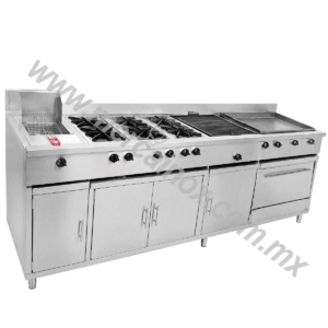 ESTUFA INDUSTRIAL FREIDORA, 6 QUEMADORES, ASADOR Y PLANCHA.